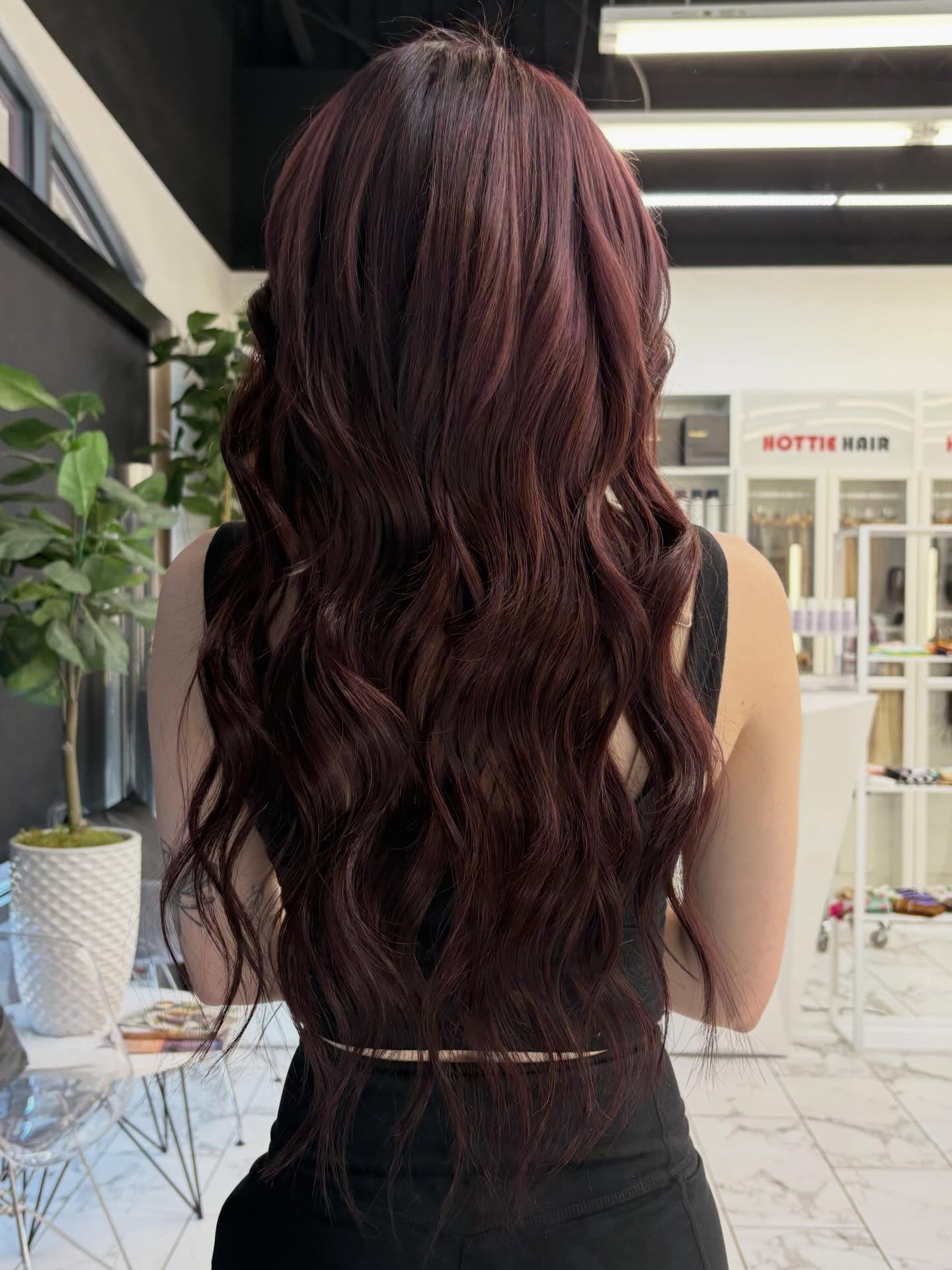 Cherry Cola Hair Color with Hand-Tied Extensions
